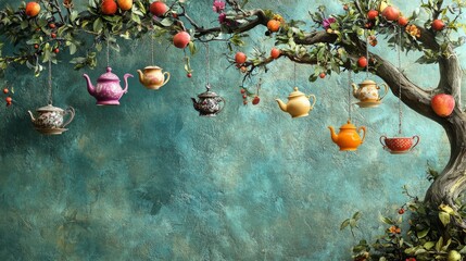 Teapot Tree with Hanging Cups: A fantastical banner background of Mad Hatter Day , showcasing a whimsical tree where teapots and tea cups hang from the branches like fruit, 