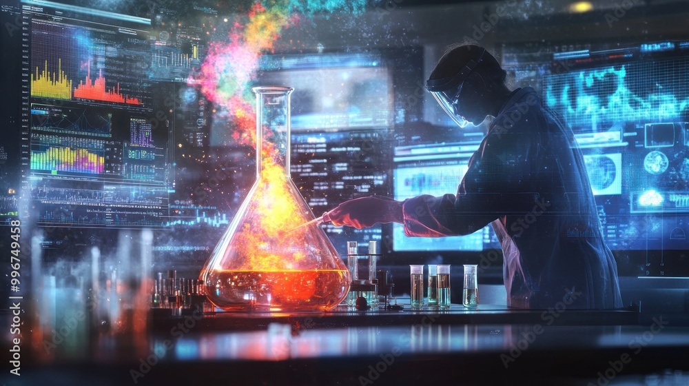 Aufkleber a scientist conducting experiments with colorful liquids in a high-tech laboratory.