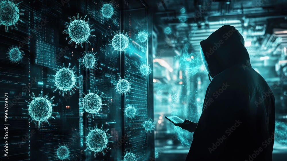 Poster a hooded figure interacts with digital data while virus-like particles float around.