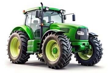 Obraz premium A shiny green tractor stands alone on a white background, showcasing its sleek design and vibrant color, perfect for agricultural or rural-themed projects.