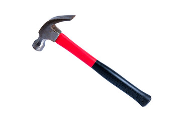 Close up medium sized hammer that has two functions as a nail pick and nail hammer, with a handle covered in black and red rubber isolated on a white background. Little bit rusty