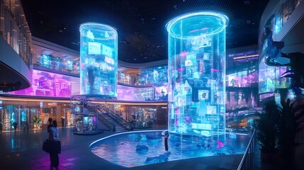 Cyber Monday Futuristic Virtual Shopping Mall with Luminous Product Holograms Voice Controlled Shopping Kiosks