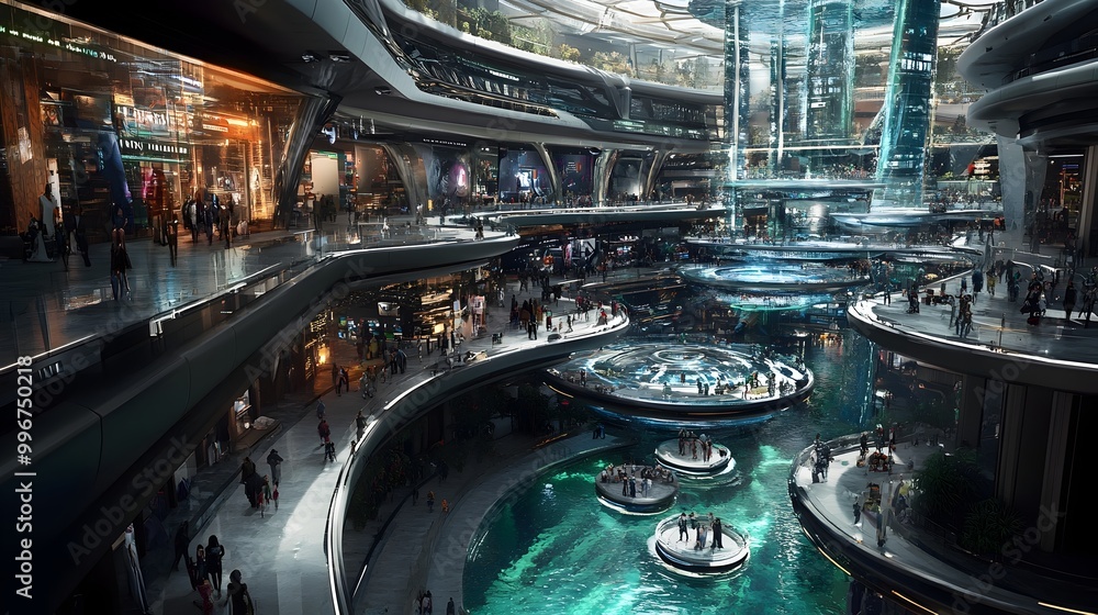 Fototapete cyber monday gleaming cyber bazaar with ethereal data driven displays and hover powered shopping car