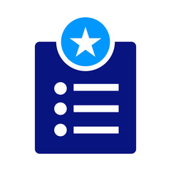 Checklist with star icon on top, three bullet points, blue and white colors, simple design, clear list concept, professional achievement, task completion symbol.