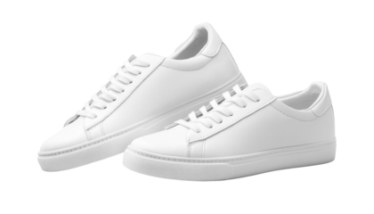 A pair of clean white leather sneakers with laces, showcasing a minimalist and versatile design.