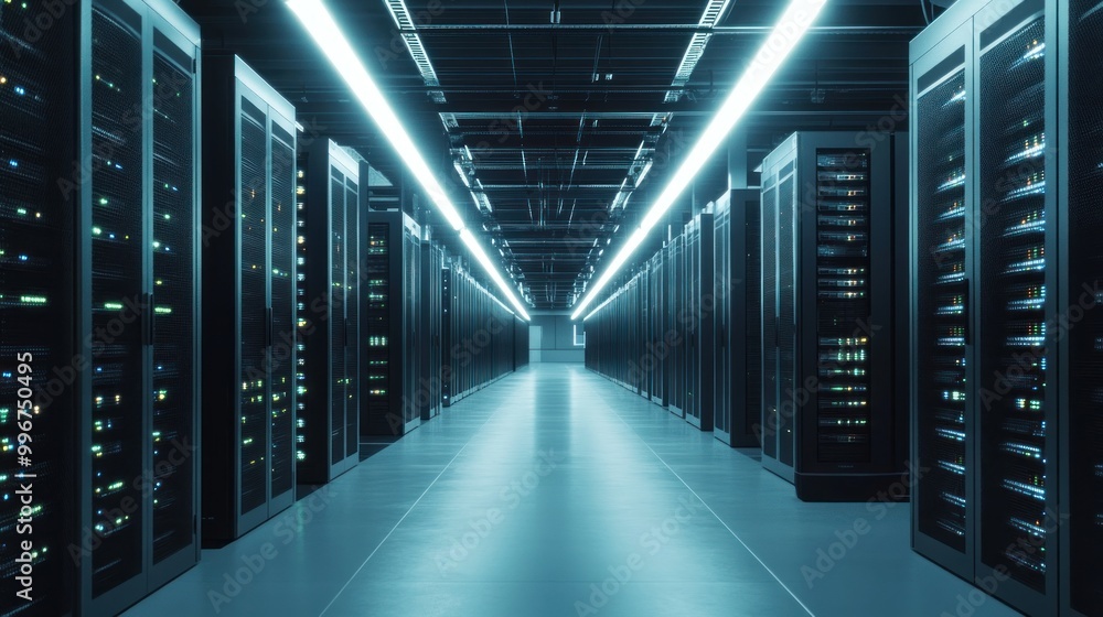 Poster a modern data center featuring rows of server racks and bright overhead lighting.