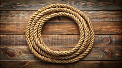 Obraz premium A stylized rope lasso forms a perfect circle on a rustic wooden background, symbolizing unity, wholeness, and connection in a warm, earthy tone atmosphere.