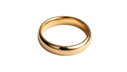 A close-up of a shiny gold wedding band isolated against a black background.