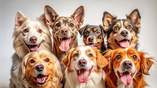 Adorable canine friends wear hilarious human-like facial expressions, showcasing a goofy pup with a surprised gaze, a smiling dog with a tongue out, and more.