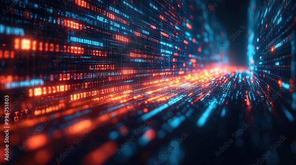 Poster dynamic abstract representation of data flow with vibrant blue and orange lights, symbolizing digita
