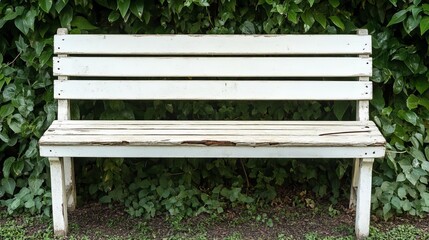 Naklejka premium Distressed wooden bench with splintered edges, chipped paint, and rusty nails, placed in an overgrown garden, symbolizing rural tranquility