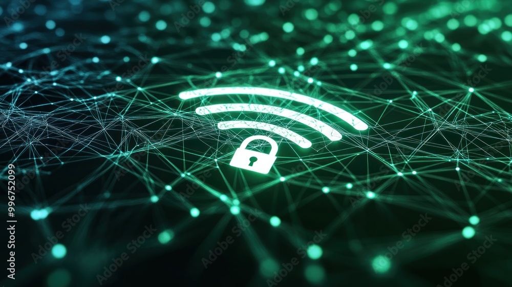 Poster a digital representation of secure wi-fi connectivity with a lock symbol.