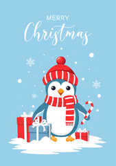 Christmas card. Cute funny penguin character with presents with and the inscription, Merry Christmas. Vector illustration design template.