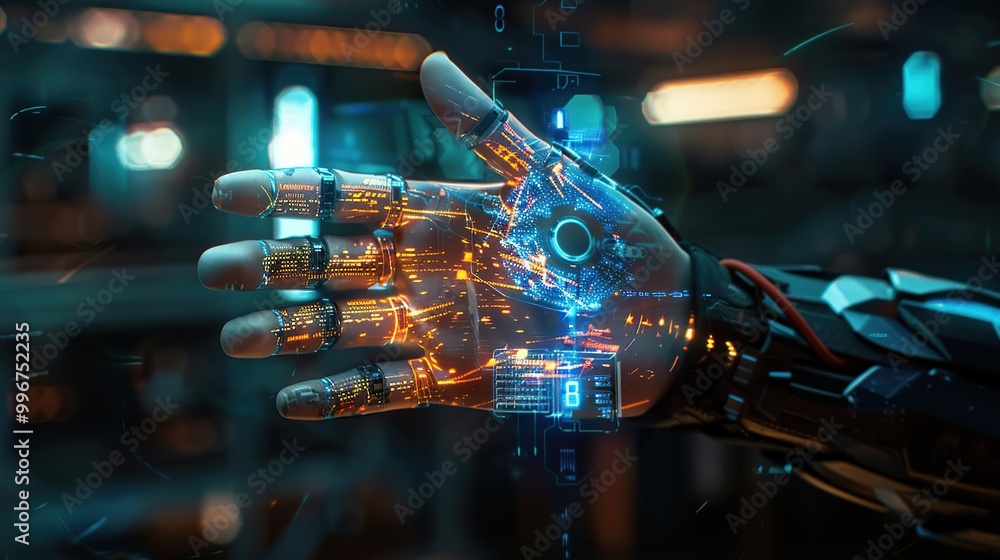 Poster a futuristic data glove with holographic projections of virtual data