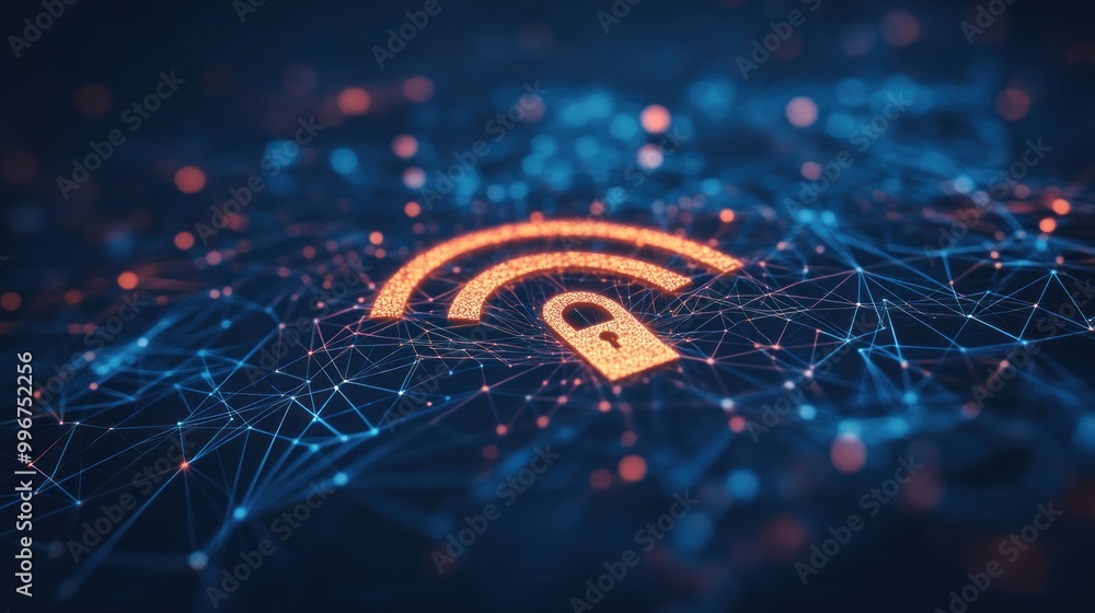 Poster a digital representation of a wireless signal with a padlock, symbolizing secure connectivity.