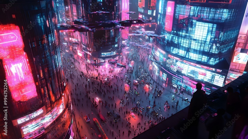 Poster cyber monday in a futuristic metropolis with drone deliveries and mesmerizing interactive installati