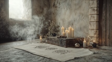 Candle arrangement on mystical cloth with symbols, serene atmosphere, illuminated by natural light