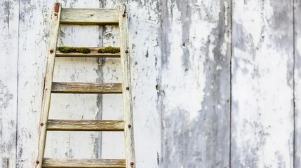 Distressed wooden ladder with peeling paint, moss-covered rungs, and rusty nails, leaning against a barn wall, capturing rural nostalgia