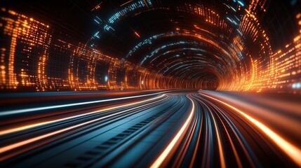 Dynamic tunnel with vibrant lights and motion blur, representing speed, energy, and futuristic technology.