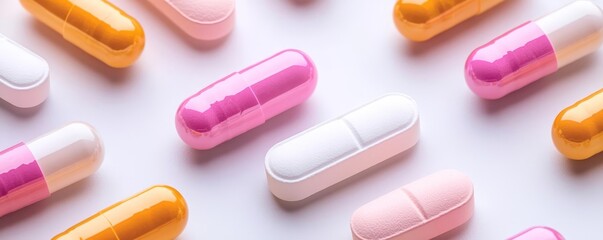 Symmetrical layout of probiotics capsules in vibrant colors, isolated on a clean, white background, soft shadows creating depth, representing balance and gut health