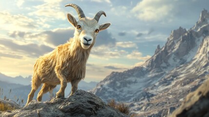 Fototapeta premium A goat stands on a rocky outcrop with a mountainous landscape in the background.