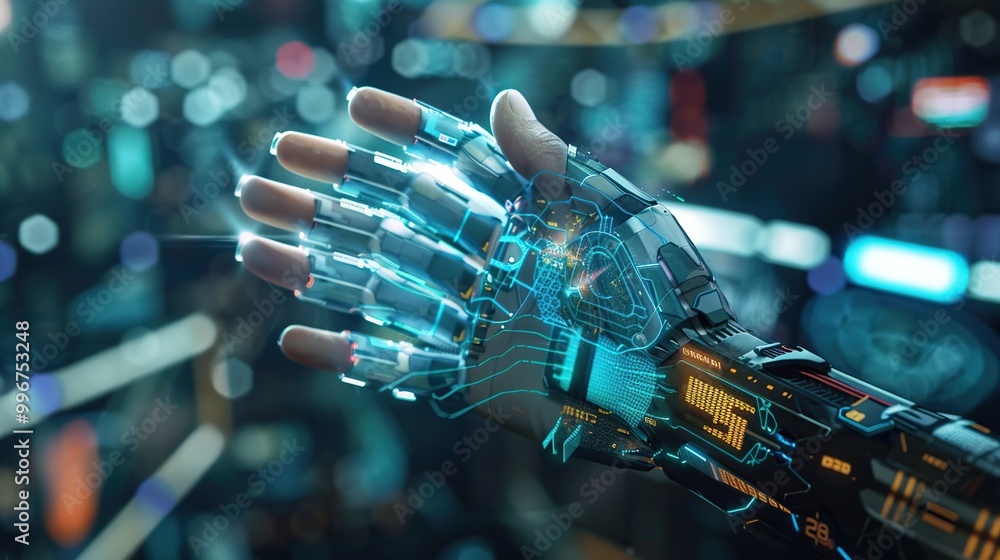 Poster a futuristic data glove with holographic projections of virtual data