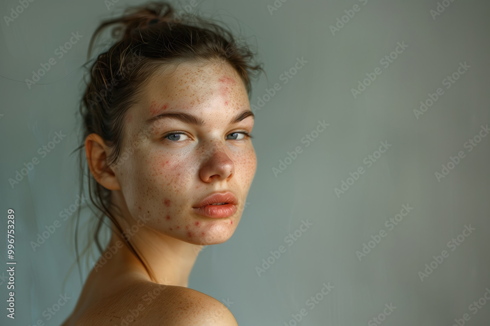 Wall mural shoulders-up portrait of a woman, bare shoulders, showing acne and redness on her face