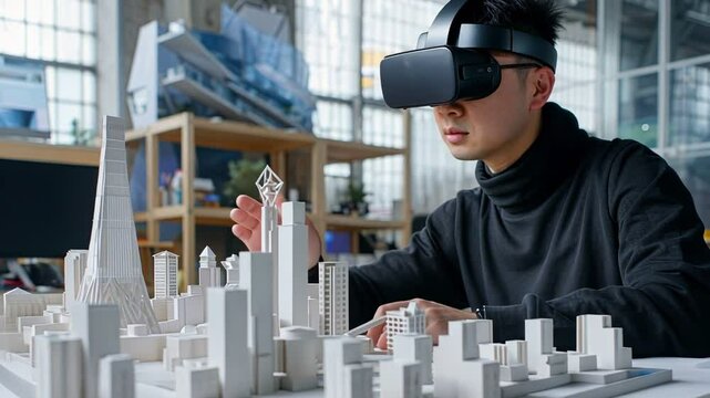Architect uses virtual reality glasses to enhance urban design concepts in a contemporary studio setting. Architect uses virtual reality glasses to bring his designs to life