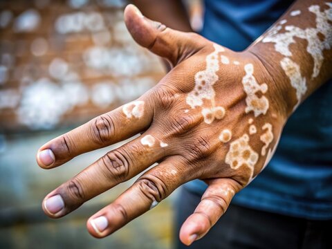 Close-up of a person's hand with vitiligo, showcasing white patches on the skin, highlighting the autoimmune skin condition's unique pigmentation patterns.