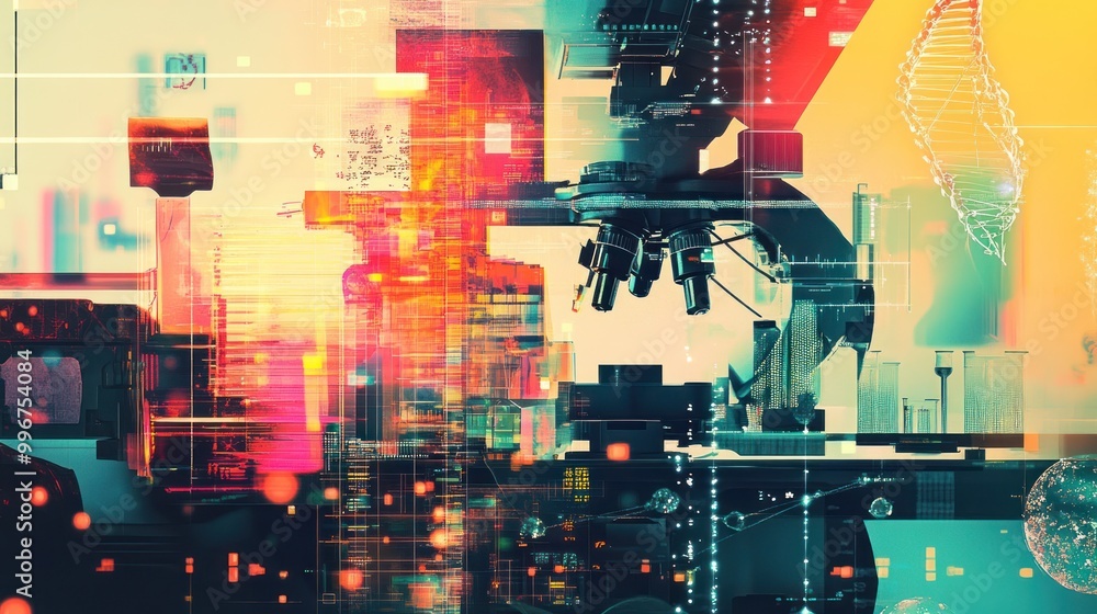 Poster abstract representation of scientific research with a microscope and digital elements.