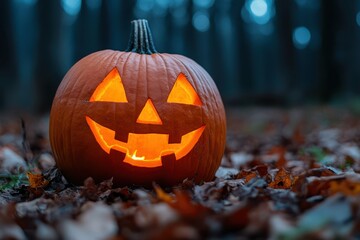 halloween pumpkin with glowing eyes in the woods