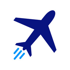 Airplane icon in dark blue with light blue jet stream, representing flight, clean and simple design with modern, aerodynamic lines, geometric and minimalistic in style.