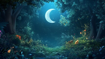 Twilight Wonderland Forest: A mysterious banner background of Mad Hatter Day featuring a twilight forest bathed in moonlight, with whimsical animals peeking from the trees, 