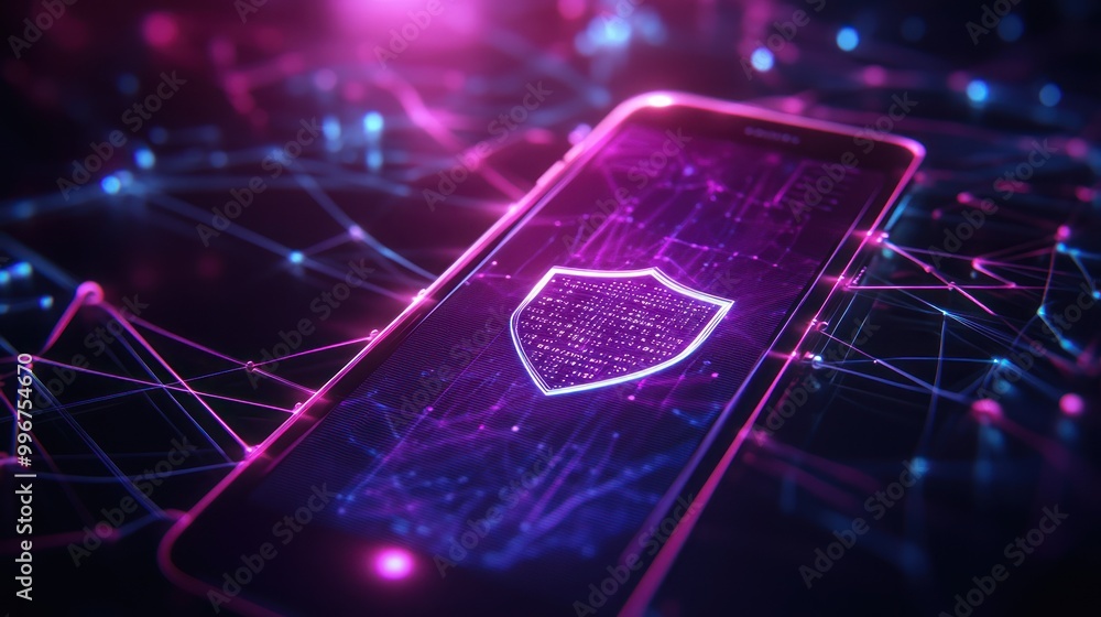 Poster a smartphone displays a digital shield symbolizing cybersecurity and data protection.