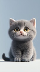 Obraz premium A British Shorthair cat with yellow eyes sits on the floor, gazing at the camera with an adorable expression in a studio setting