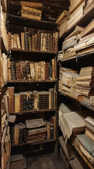 Obraz premium Historical Archive Full of Antique Manuscripts and Dusty Shelves 