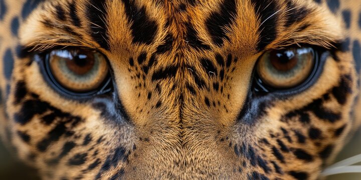 A close-up macro photograph showcasing the intense gaze of a leopard, emphasizing the texture and detail of its fur and dark spots. 