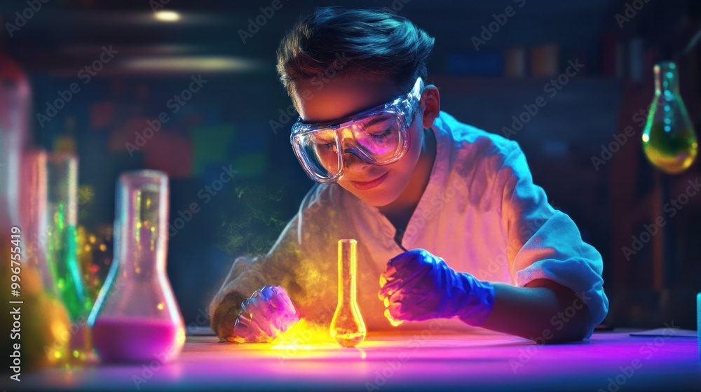 Poster a young scientist conducts an experiment with colorful liquids in a lab setting.