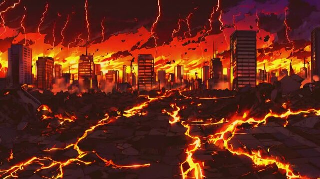 A futuristic city crumbling onslaught of meteors sky. Streets burn with fire. Red skies and constant lightning heighten the chaos, 4k 2D Flat Japanese Anime-style Landscape Animation Video