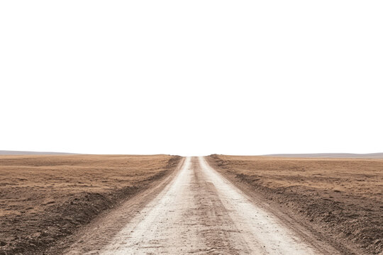 A single dirt road leads towards a green sky, with dry brown fields on both sides.