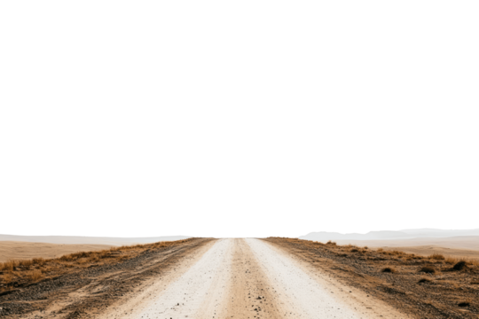 A dusty road leading through a dry, brown landscape against a green sky.