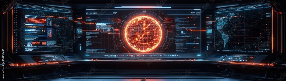 Poster futuristic control room with glowing interfaces and a central holographic globe, ideal for tech and 