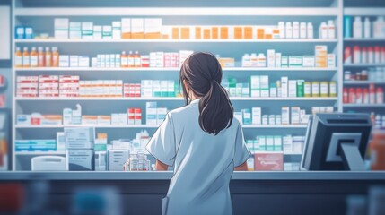 A pharmacist assists customers in a well-stocked pharmacy filled with various medications.