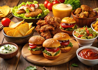 Delicious spread of classic American football party food, including juicy burgers, crispy chicken wings, and savory nachos with melted cheese and fresh vegetables.