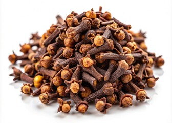 Fototapeta premium Dried whole cloves isolated on white background, showcasing the aromatic spice's distinctive shape and brown color, with a subtle sheen and delicate texture.