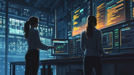 Two individuals analyzing data on screens in a high-tech environment.