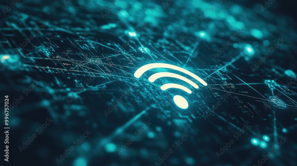 Poster digital representation of wi-fi connectivity with a network backdrop.