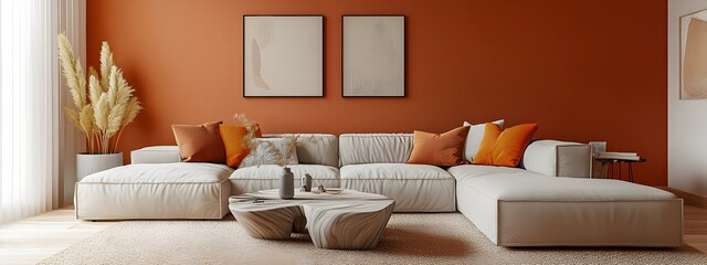 Cozy and inviting modern living room with a large comfortable sectional sofa and minimalist stylish decor the bright walls enhancing the sense of space and light a sculptural coffee table
