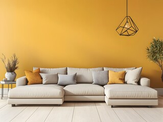 Cozy and inviting modern living room with a large comfortable sectional sofa and minimalist stylish decor the bright walls enhancing the sense of space and light a geometric pendant light