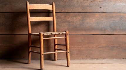 Rustic ladder-back chair with splintered wood and chipped paint, leaning against a barn wall, capturing a sense of rural simplicity